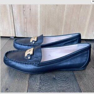 Kate Spade Carmen Black Leather Loafers Size 7.5 Gold Hardware Driving Flats